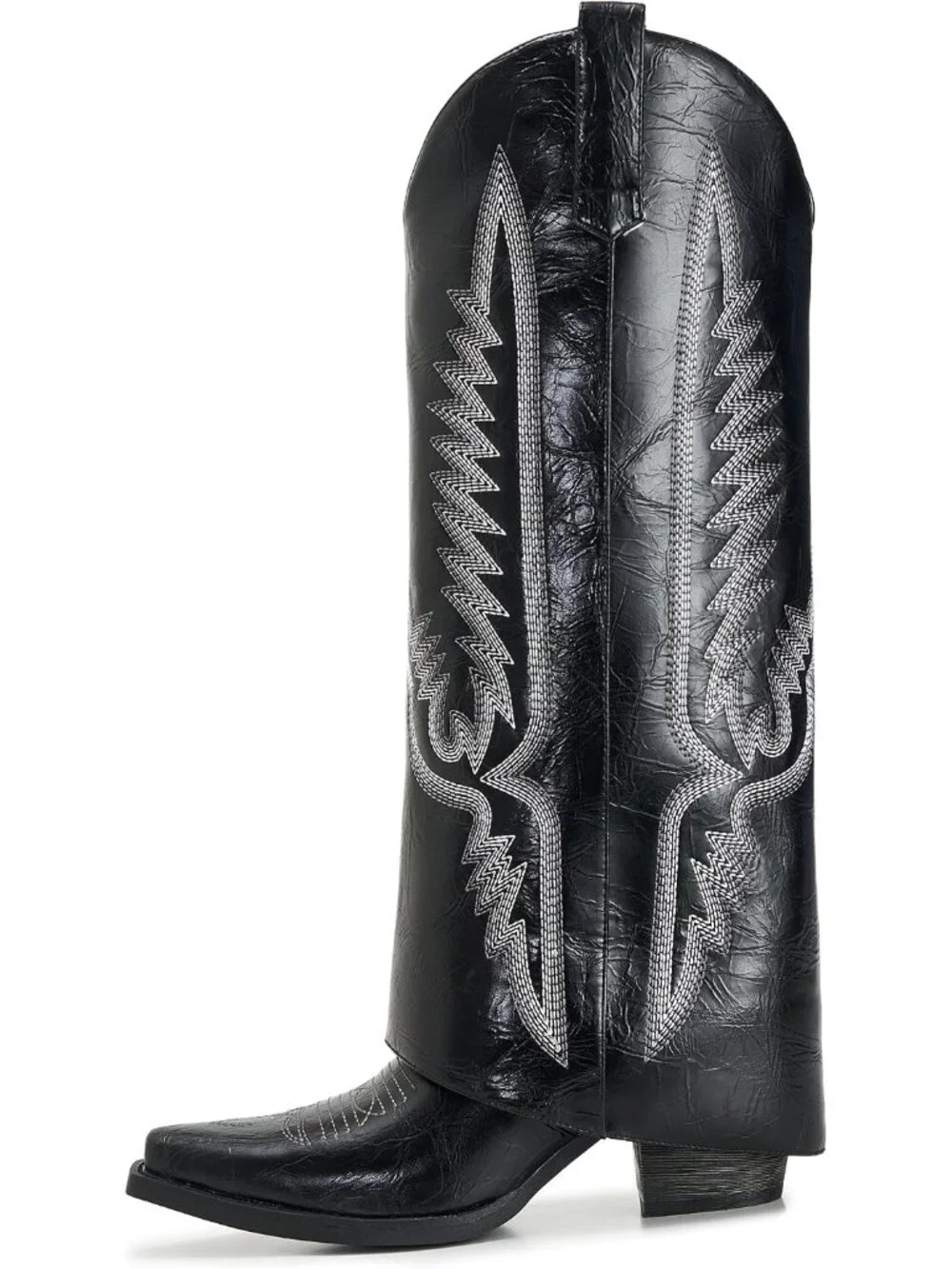 Women's Black 1 Pointed Toe Wedge Heel Side Zipper Knee High Shark Boots